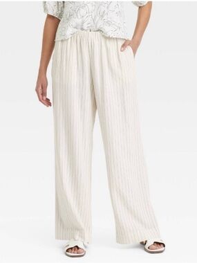 A New Day Cream Pinstripe Linen Blend Wide-Leg Pants M